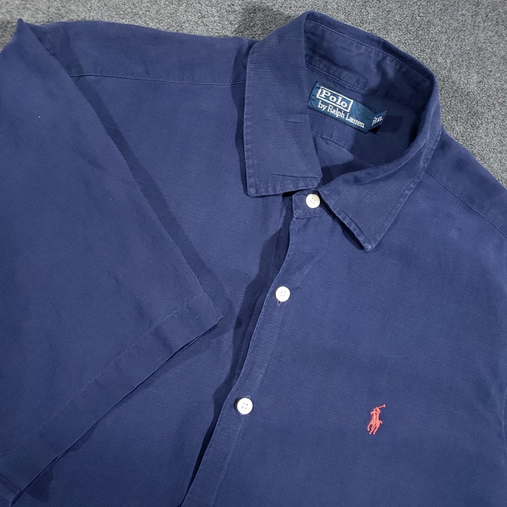 Polo Ralph Lauren Button Down Shirt Men XL Navy Linen Silk Short Sleeve Pony VTG